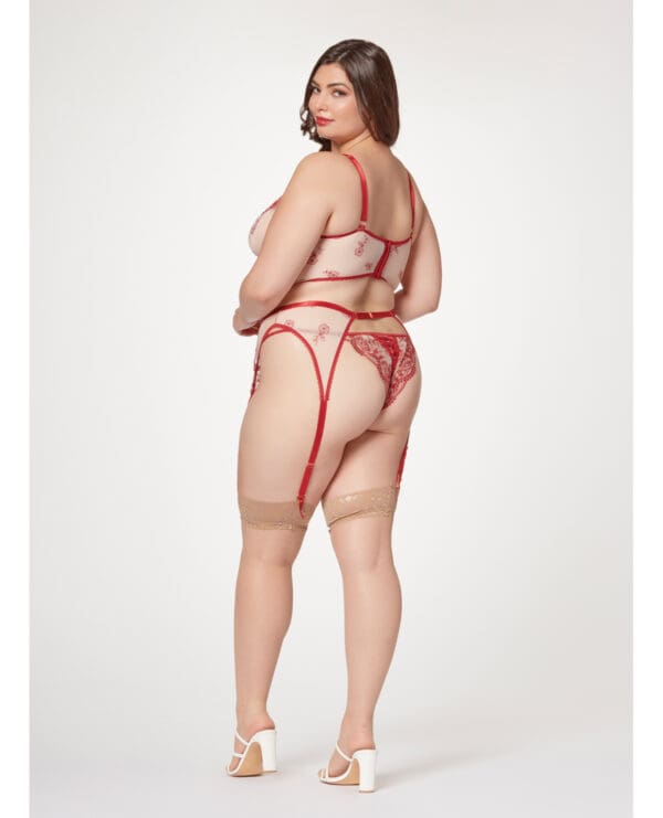 Sheer Stretch Mesh w/Floral Contrast Embroidery Bustier, Garter Belt & Thong Red/Nude 1X/2X - Image 2