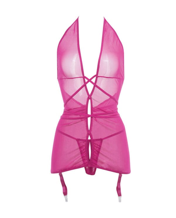 Allure Savannah Sheer Mesh Garter Dress & Open Thong Hot Pink L/XL - Image 4
