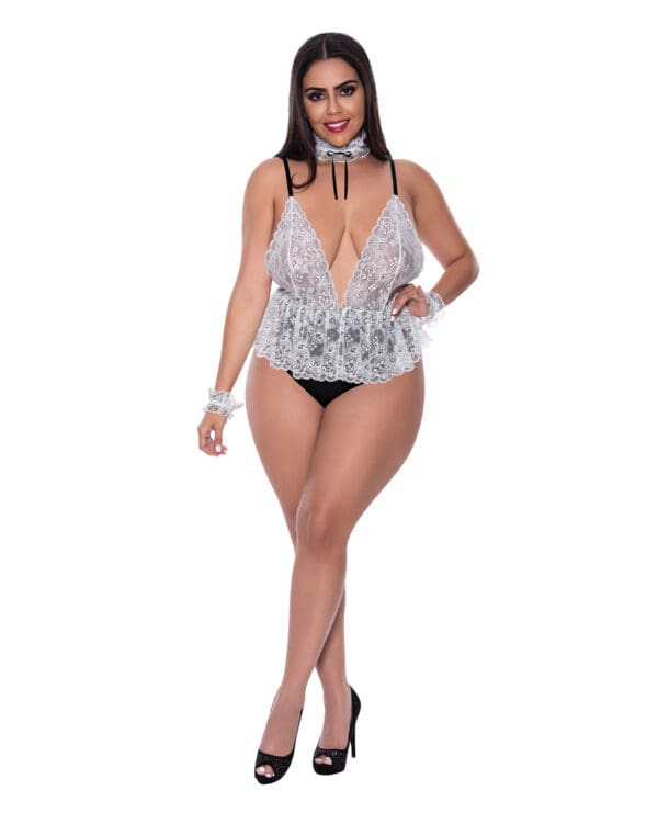 Dress Up Full Service Lace Deep V Teddy w/Collar & Wrist Cuffs Black/White QN - Image 2