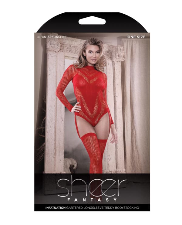 Sheer Infatuation Long Sleeve Teddy w/Attached Footless Stockings Red O/S - Image 3