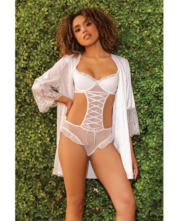 Stretch Mesh Ruffled Crotchless Teddy White SM - Image 4