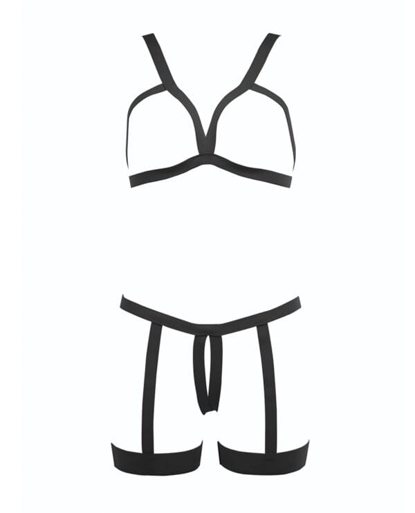 Kitten Teaser Strappy Open Cup Bra & Open Panty w/Leg Straps Black O/S - Image 4