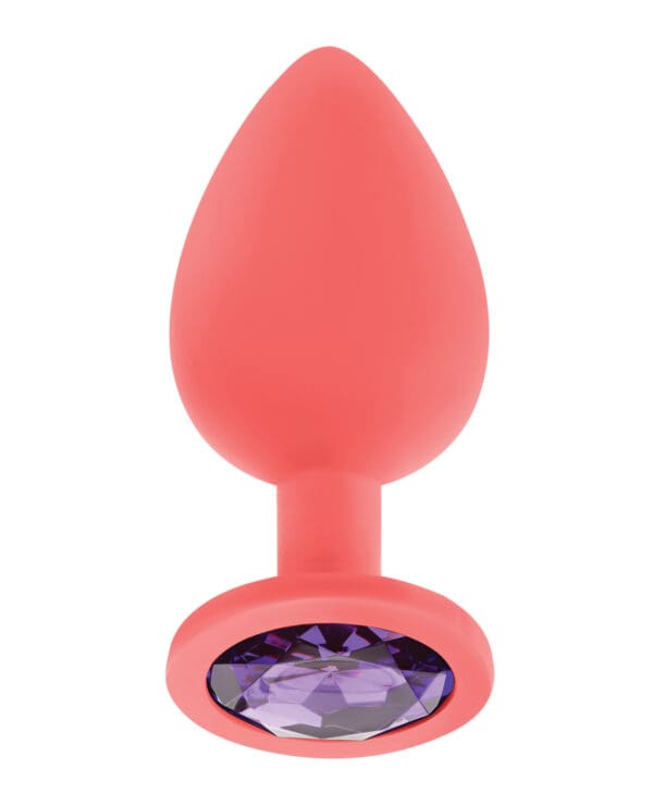 Luv Inc. Jeweled Silicone Butt Plug w/Three Stones - Large Coral - Image 2