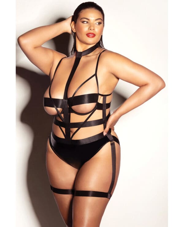 FETISH Lethal Underwire Peek A Boo Vinyl Teddy w/Choker Black 2X - Image 3