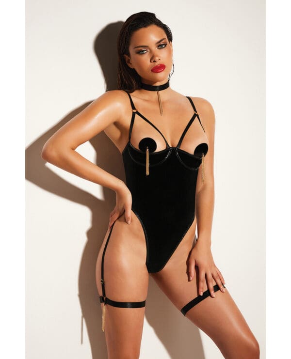 FETISH Play Open Shelf Cup Vinyl & Mesh Teddy w/Vinyl Nipple Covers & Chain Tassel Black XL - Image 2