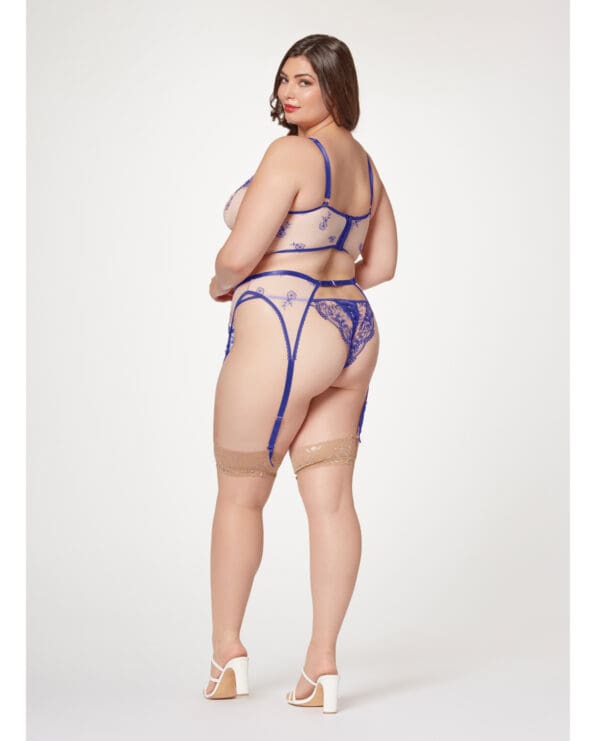 Sheer Stretch Mesh w/Floral Contrast Embroidery Bustier, Garter Belt & Thong Blue/Nude 3X/4X - Image 2