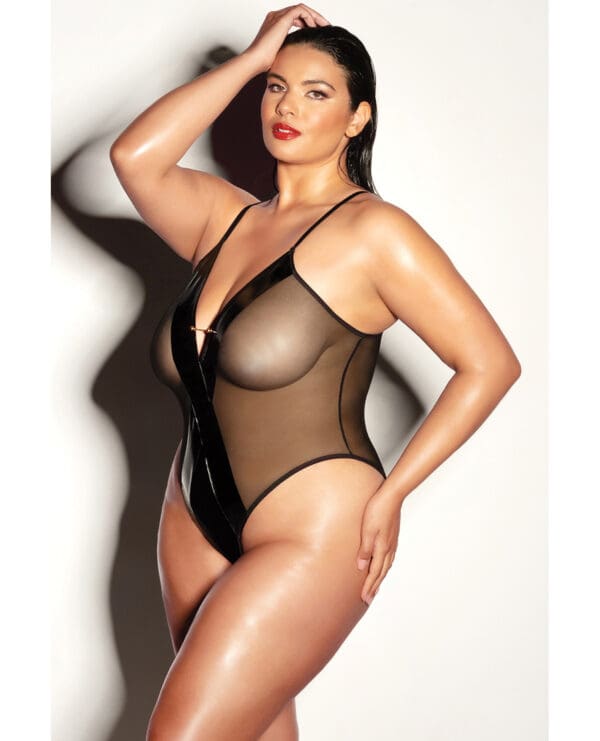 FETISH Finesse Soft Cup Vinyl & Mesh Teddy w/Barbell Black 1X/2X - Image 2