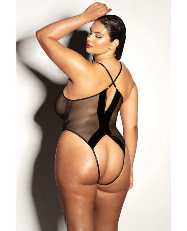 FETISH Finesse Soft Cup Vinyl & Mesh Teddy w/Barbell Black 1X/2X - Image 3