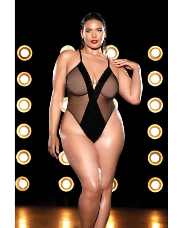 FETISH Finesse Soft Cup Vinyl & Mesh Teddy w/Barbell Black 1X/2X - Image 4