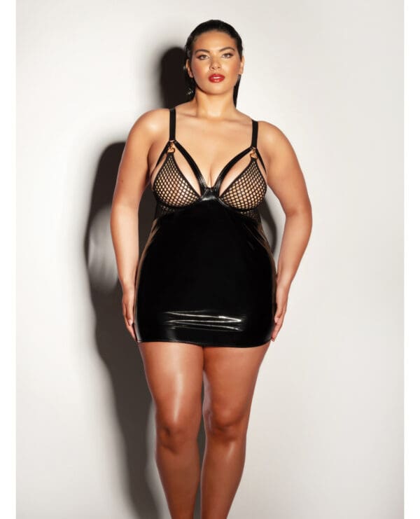 FETISH Excitement Fishnet & Vinyl Fitted Babydoll w/D-Ring & Metal Clasp Black 1X - Image 2