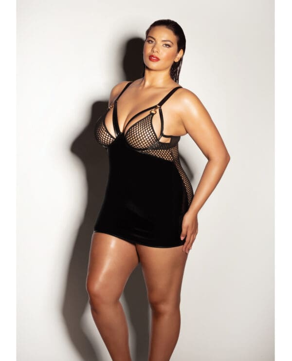FETISH Excitement Fishnet & Vinyl Fitted Babydoll w/D-Ring & Metal Clasp Black 1X - Image 3