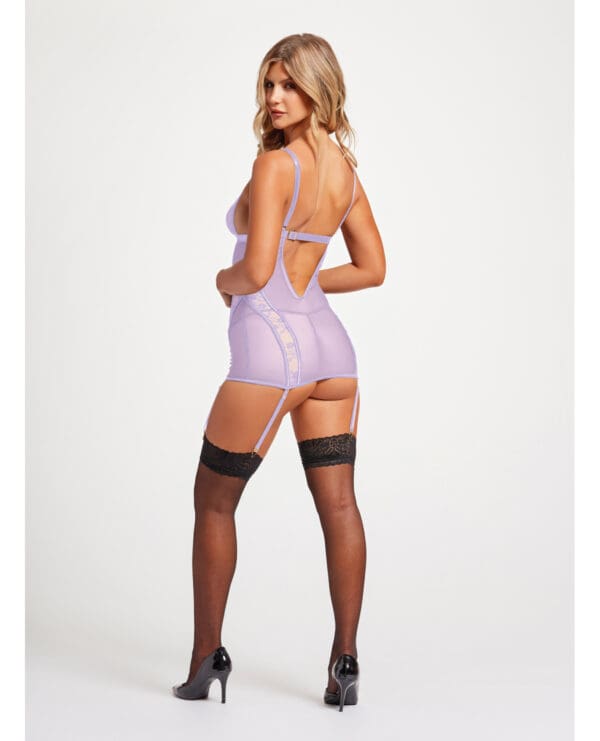 Lace & Mesh Triangle Cup Chemise w/Garters & Thong Lavender SM - Image 2