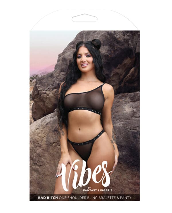 Vibes Bad Bitch One Shoulder Bling Bralette & Panty Black L/XL - Image 3