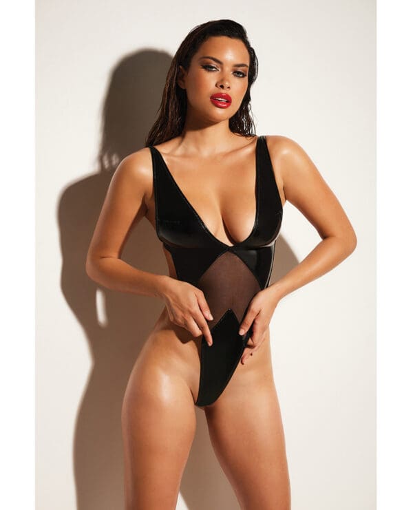FETISH Limitless Soft Cup High Leg Vinyl & Mesh Teddy Black L/XL - Image 2