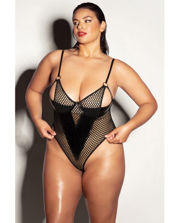 FETISH Frisky Fishnet & Vinyl Shelf Cup Peek A Boo Teddy Black 2X - Image 2