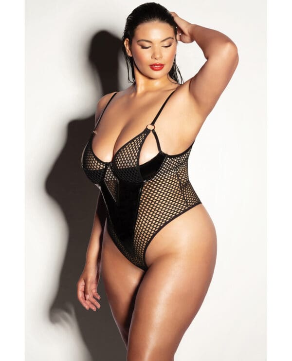 FETISH Frisky Fishnet & Vinyl Shelf Cup Peek A Boo Teddy Black 2X - Image 3