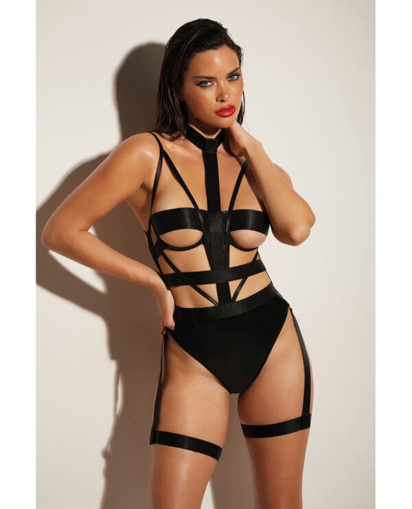 FETISH Lethal Underwire Peek A Boo Vinyl Teddy w/Choker Black SM - Image 2