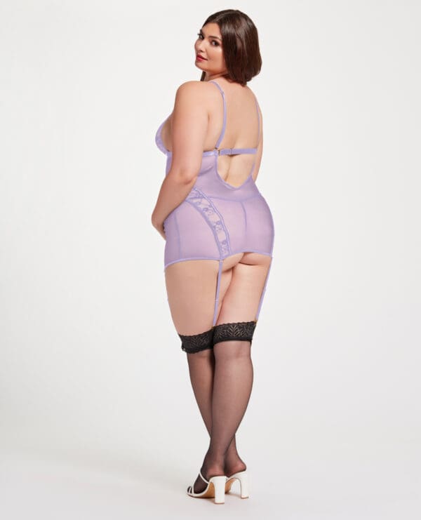 Lace & Mesh Triangle Cup Chemise w/Garters & Thong Lavender 3X/4X - Image 2