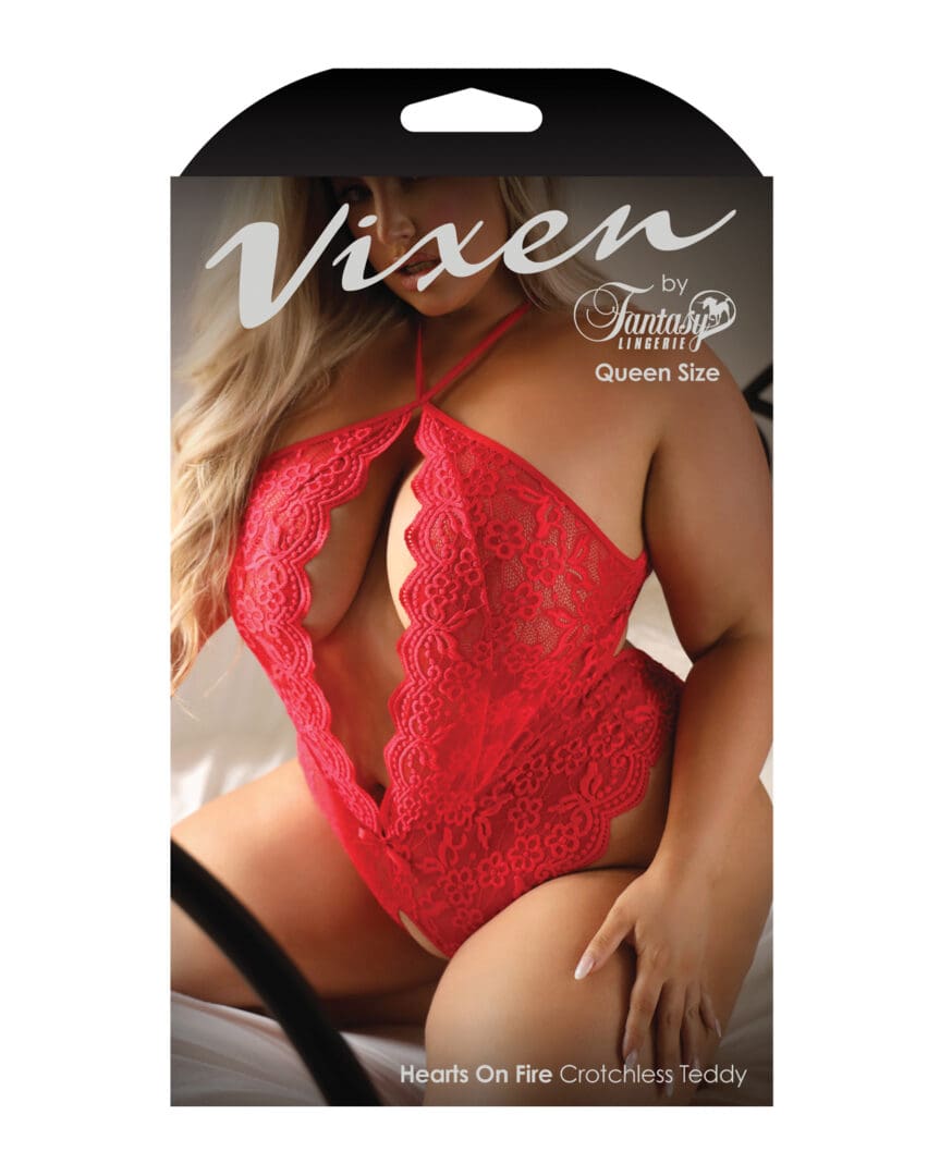 Vixen Hearts on Fire Crotchless Teddy w/Open Pearl Draped Back Red QN - Image 3