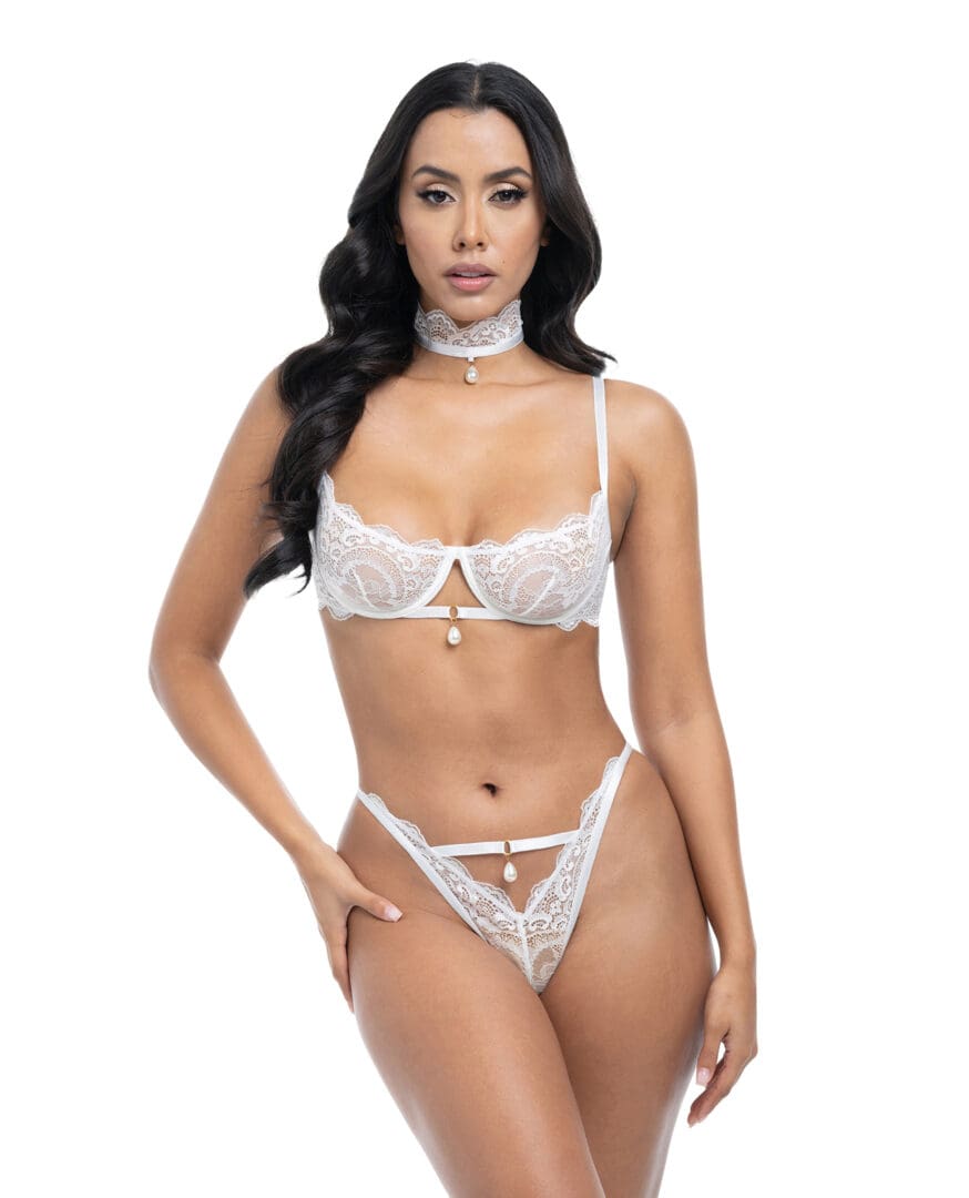 Pearla Lace Underwire Bra & Open Back Panty w/Matching Collar 3 pc Set - White L/XL