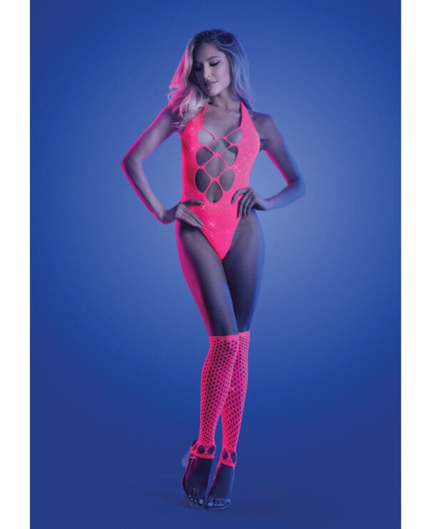 Glow Flashback Black Light Reactive Rhinestone Teddy w/Gloves (or Leg Warmers) - Neon Pink O/S - Image 2