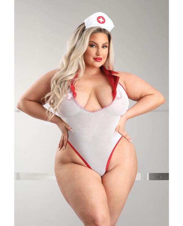 Play Pulse Check Collared Teddy w/Open Back, Pleated Skirt, Medic Hat & Pasties Red/White 1X/2X - Image 2