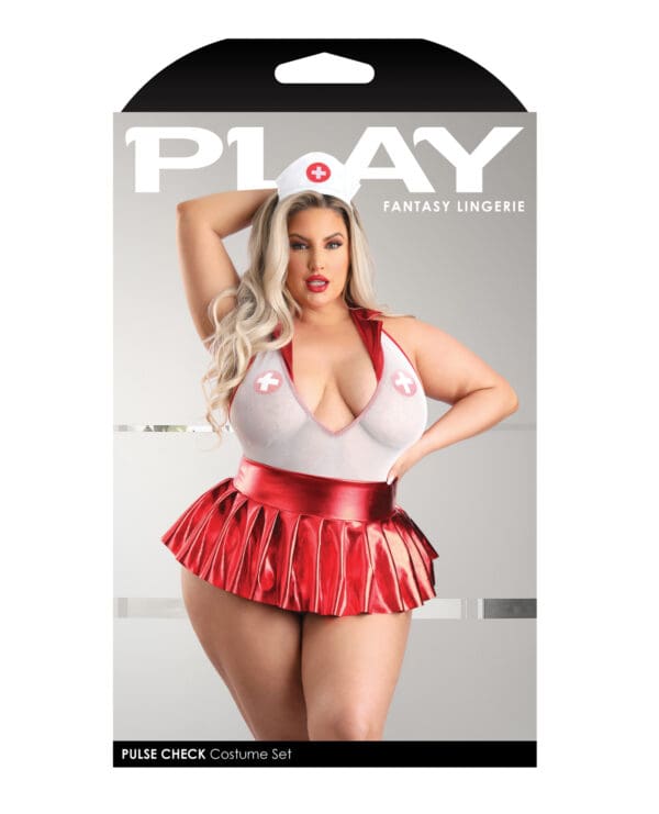 Play Pulse Check Collared Teddy w/Open Back, Pleated Skirt, Medic Hat & Pasties Red/White 1X/2X - Image 4