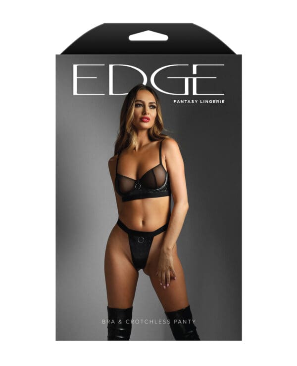 Edge Quilted Wetlook and Mesh Underwire Bra w/ Crotchless Panty - Black M/L - Image 3