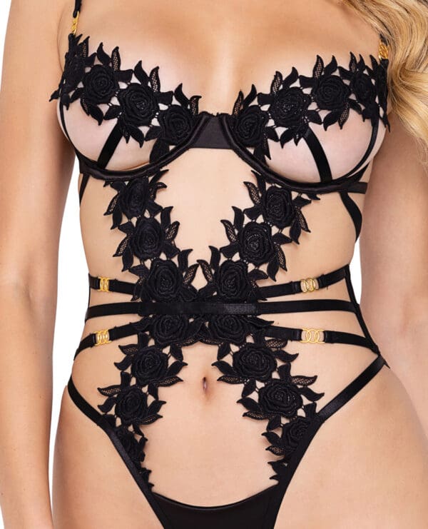 Ebony Rose Floral Guipure Lace Trim Teddy Black LG - Image 2