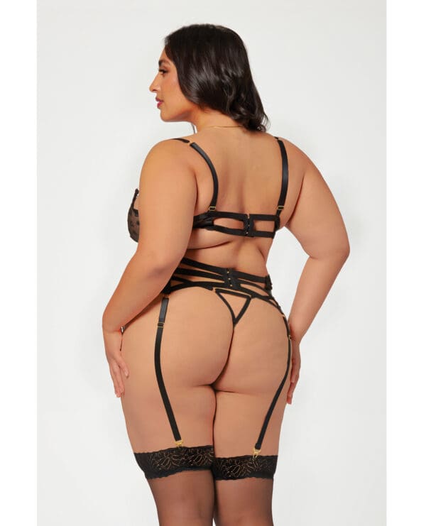 Valentines Heart Embroidered Mesh Bra, Waspie & Panty Black 3X/4X - Image 2