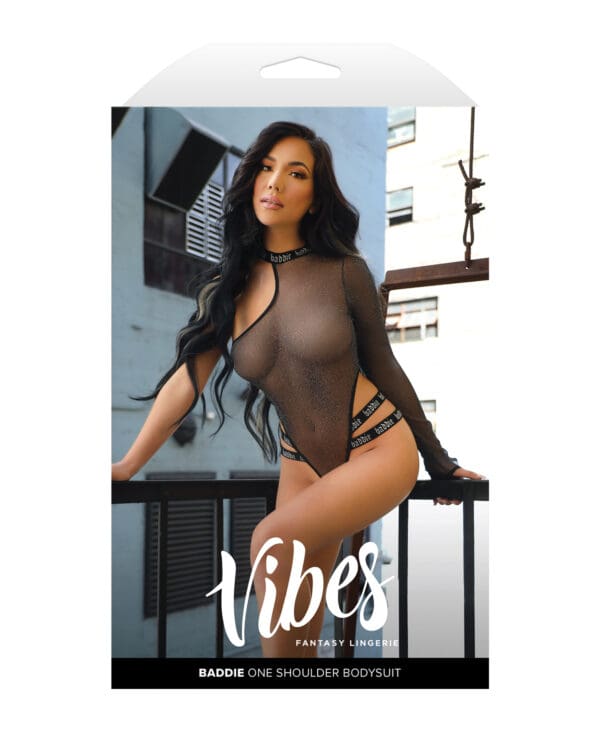 Vibes Baddie Glitter Mesh Bodysuit w/One Shoulder Long Sleeve & Snap Closure - Black L/XL - Image 3