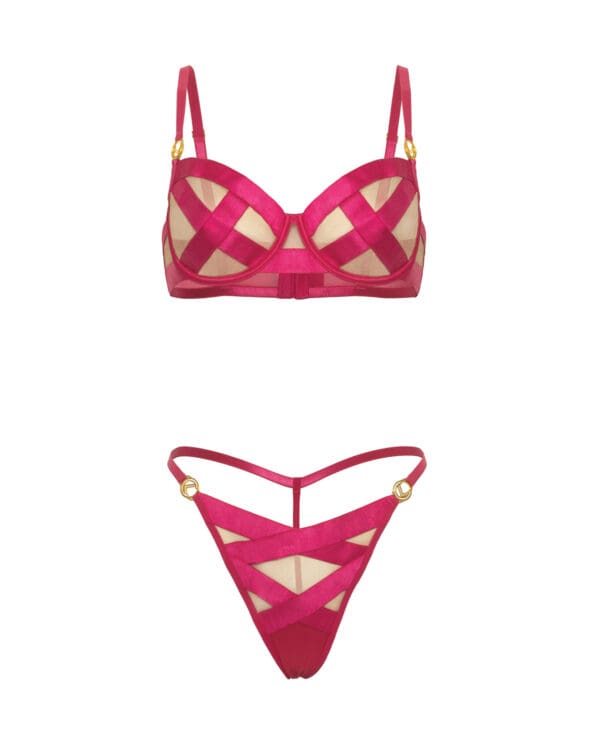 Raelynn Satin Strappy Underwire Bra w/G-String 2 pc Set - Pink Yarrow LG - Image 5