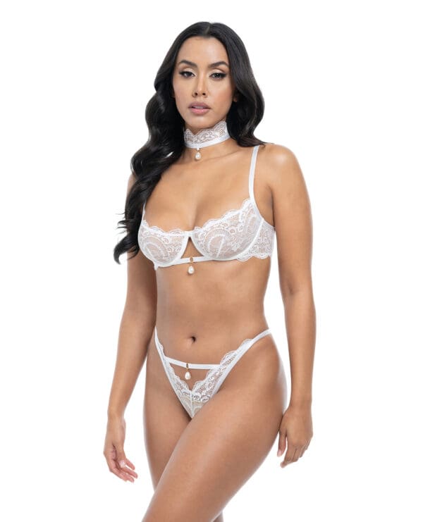 Pearla Lace Underwire Bra & Open Back Panty w/Matching Collar 3 pc Set - White S/M - Image 2