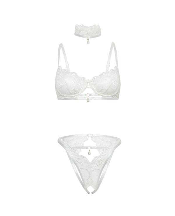 Pearla Lace Underwire Bra & Open Back Panty w/Matching Collar 3 pc Set - White S/M - Image 4