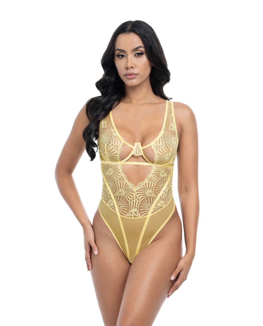 Tiana Scallop Lace & Mesh Underwire Teddy - Pale Banana S/M