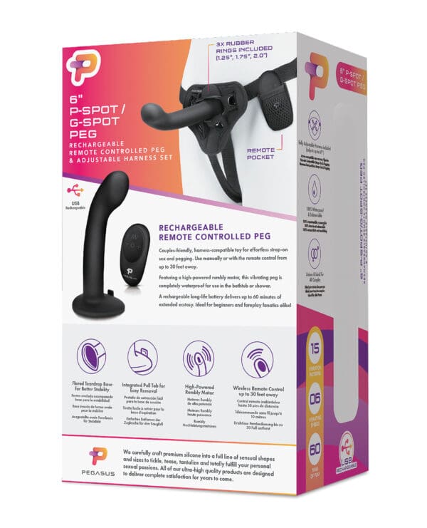 Pegasus 6" Rechargeable P-Spot G-Spot Peg w/Adjustable Harness & Remote Set - Black - Image 2
