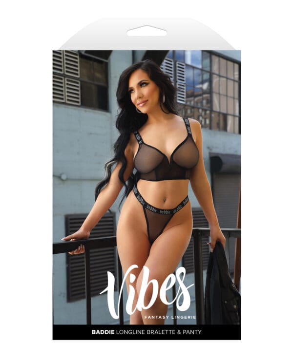 Vibes Baddie Glitter Mesh Long Line Bralette & Thong Black L/XL - Image 3