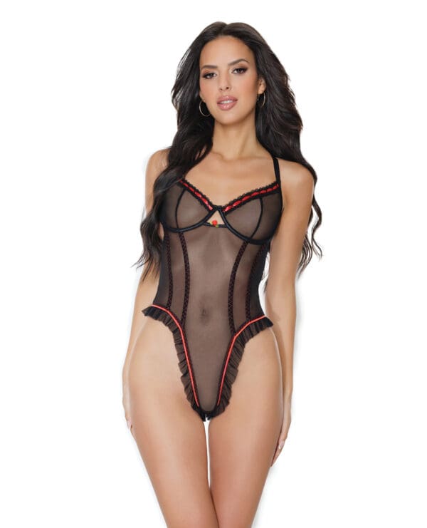 Stretch Mesh Underwire Teddy w/Ribbon Detail Black Small - Image 2