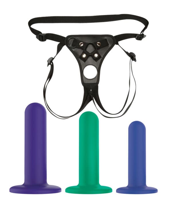 Nobu Tai Silicone Dildo Set w/Adjustable Strap On - 3 Piece Kit Assorted Colors - Image 2