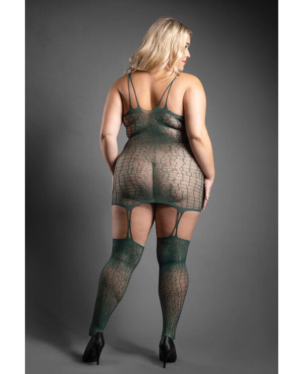 Sheer Wild Heart Reptile Print Bodystocking Dress w/Attached Stockings - Green QN - Image 2