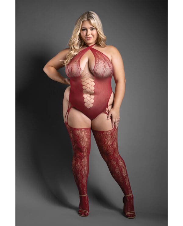 Sheer Pretty Poison Snakeskin Pattern Halter Bodystocking - Burgundy QN - Image 2