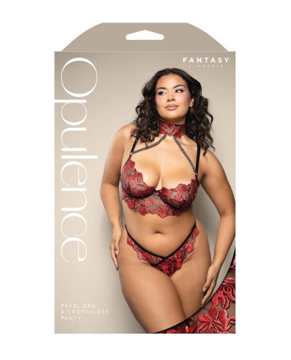 Opulence Embroidered Underwire Bralette & Crotchless Panty w/Pearl Details 2 pc Set - Red QN - Image 3