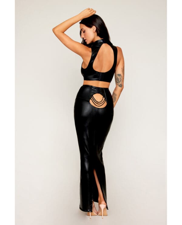 Stretch Faux Leather Harness Bra & Long Slip Skirt - Black MD - Image 2