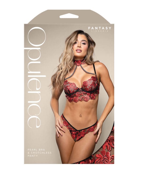 Opulence Embroidered Underwire Bralette & Crotchless Panty w/Pearl Details 2 pc Set - Red L/XL - Image 3