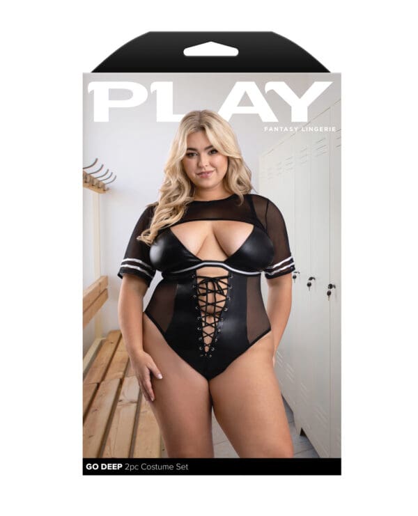 Play Go Deep Lace-up Bodysuit w/Mesh Jersey Shrug - Black 1X/2X - Image 4