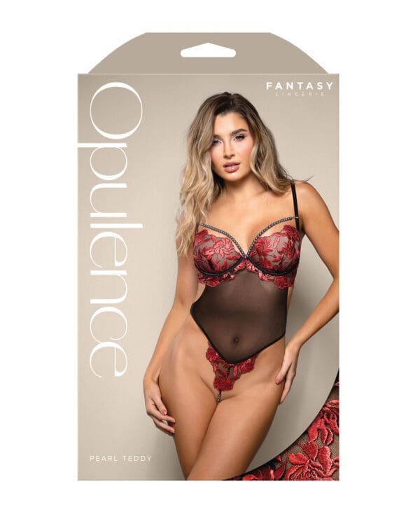 Opulence Embroidered Underwire Open Crotch Teddy w/Pearl Detail - Red M/L - Image 3
