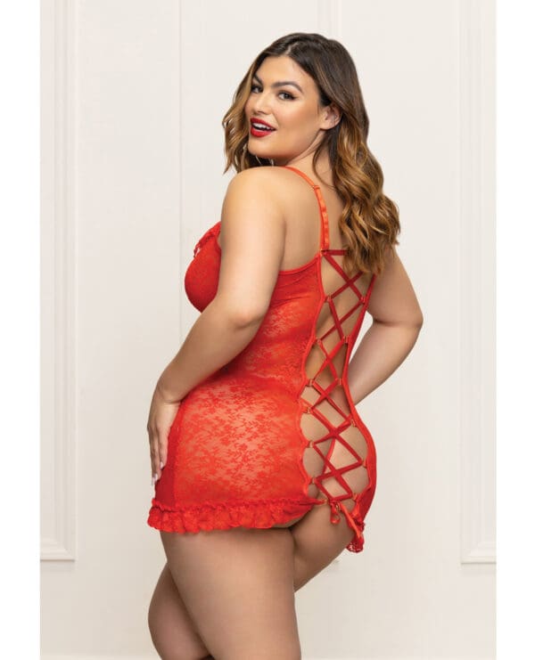Lace Chemise w/Ruffle Trim & G-String - Red QN - Image 2