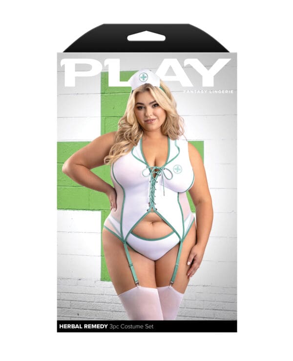 Play Herbal Remedy Gartered Bustier w/Panty & Headpiece - White 1X/2X - Image 3