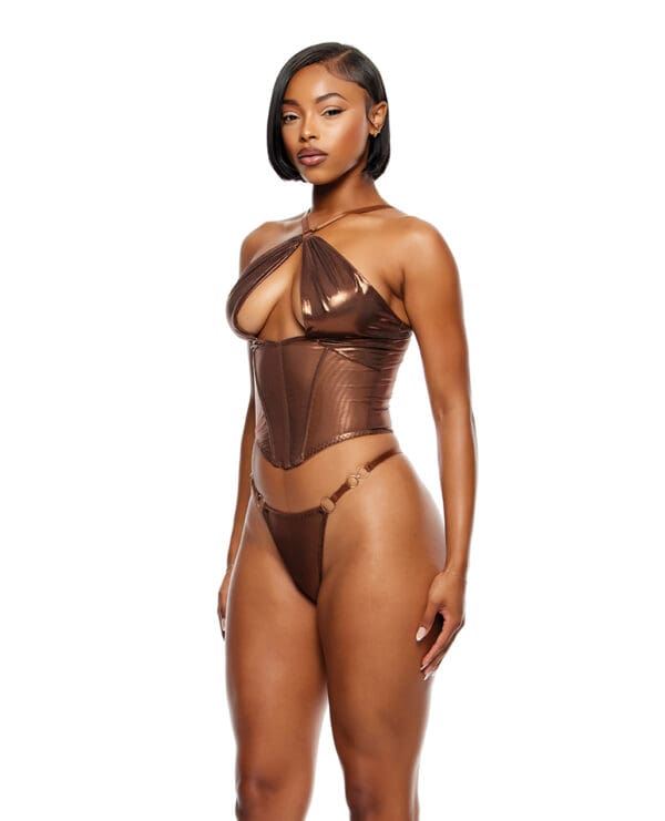 Liquid Metal Metallic Mesh Bustier w/G-String 2 pc Set - Metallic Copper LG - Image 2