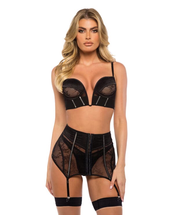 Belle Noir Chantilly Lace and Satin Garter Skirt 3 pc Set - Black SM
